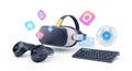 Virtual reality headset with controllers keyboard and floating on white background VR headset Royalty Free Stock Photo