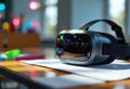 Virtual reality headset placed on a desk with colorful blurred background Royalty Free Stock Photo