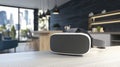 Virtual reality headset placed on a table in a modern living room showcasing contemporary design and technology Royalty Free Stock Photo