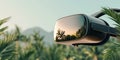 Virtual reality headset reflecting a tropical paradise, immersive digital world experience with palm trees and sky. Royalty Free Stock Photo
