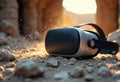 Virtual reality headset lying on rocky ground with a warm sunset background Royalty Free Stock Photo