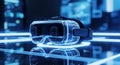 Virtual reality vr headset with transparent plastic casing and glowing blue lights on reflective surface in futuristic setting Royalty Free Stock Photo