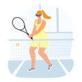 Virtual reality interactive entertainment sport simulator, modern technology woman tennis player cartoon vector Royalty Free Stock Photo