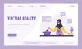 Virtual reality landing page template. Islamic woman in VR glasses cooking. Metaverse or Cyberspace concept. Modern