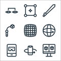 Virtual reality line icons. linear set. quality vector line set such as screen, smartphone, tablet, d, pick up, sword, selector