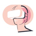 Virtual reality, man working in virtual glasses and gloves, black and pink color