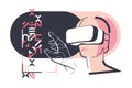 Virtual reality, man working in virtual glasses and gloves, black and pink color