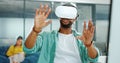 Virtual reality metaverse, augmented reality vr and black man work on cyber dashboard, digital transformation or ai Royalty Free Stock Photo