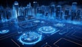 Virtual reality metaverse concept. Futuristic 3d model of a megacity built with AI and robots. Wallpaper in dark blue colors