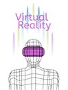 Virtual reality poster. Man wearing vr headset. Linear objects and elements.