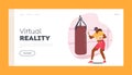 Virtual Reality Recreation Landing Page Template. Woman in Vr Goggles Fighting with Punching Bag. Battle Game Technology