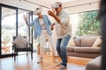 Virtual reality, senior couple and 3d video game experience or digital gaming in living room home. Metaverse, futuristic Royalty Free Stock Photo