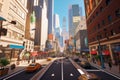 virtual reality simulation of a bustling metropolis, with towering buildings and busy sidewalks