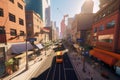 virtual reality simulation of a bustling metropolis, with towering buildings and busy sidewalks