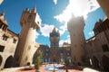 virtual reality simulation of castle, with view of majestic courtyard and soaring towers Royalty Free Stock Photo