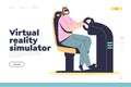 Virtual reality simulator concept of landing page with girl in vr glasses gaming Royalty Free Stock Photo