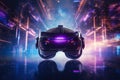 Virtual reality technology world background with VR or AR headset glasses, cyber space futuristic scene, playing virtual game