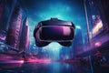 Virtual reality technology world background with VR or AR headset glasses, cyber space futuristic scene, playing virtual game