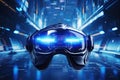 Virtual reality technology world background with VR or AR headset glasses, cyber space futuristic scene, playing virtual game