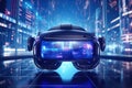 Virtual reality technology world background with VR or AR headset glasses, cyber space futuristic scene, playing virtual game