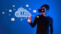 Virtual Reality User Interacting with Cloud Storage Interface in Digital Environment Representing Modern Computing and Royalty Free Stock Photo