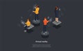 Virtual Reality Vector Isometric Composition. 3D Cartoon Characters Wear Headset With Touching Interface. Group Of