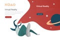 Virtual Reality VR Technology flat vector design illustration. Man in Virtual Glasses in space with planets Royalty Free Stock Photo