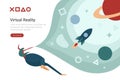 Virtual Reality VR Technology flat vector design illustration. Woman in Virtual Glasses in space with planets Royalty Free Stock Photo