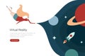 Virtual Reality VR Technology flat vector design illustration. Woman in Virtual Glasses in space with planets Royalty Free Stock Photo