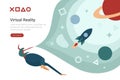 Virtual Reality VR Technology flat vector design illustration. Woman in Virtual Glasses in space with planets Royalty Free Stock Photo