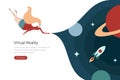 Virtual Reality VR Technology flat vector design illustration. Woman in Virtual Glasses in space with planets Royalty Free Stock Photo