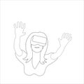 Virtual reality: woman using VR headset. Black outline on white background. Vector illustration