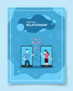 virtual relationship men women on display smartphone screen give flying heart for template of banners, flyer, books cover,