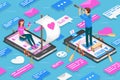 Virtual relationships and online dating isometric concept. Teenagers are looking for a couple in social networks. Vector