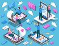 Virtual relationships and online dating isometric concept. Vector