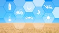 Virtual screen with digital icons, blue sky and field background