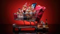 A creative photo featuring a virtual shopping cart filled with various products, symbolizing the online shopping