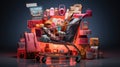 A creative photo featuring a virtual shopping cart filled with various products, symbolizing the online shopping