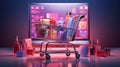 A creative photo featuring a virtual shopping cart filled with various products, symbolizing the online shopping