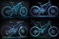 Virtual simulation of electric mountain bike showing wireframe prototype model blueprint in display for factory manufacturing -