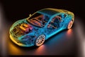 Virtual simulation of future electric car showing wireframe prototype model