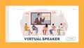 Virtual Speaker Landing Page Template. Business Characters Listen Tutor at Online Conference. Workers Watching Video Royalty Free Stock Photo