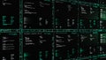 Virtual tables in matrix. Animation. Set of tables and values in database cells inside matrix. Digital information