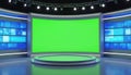 Virtual television news studio with large green screen for chroma key. Empty modern set for broadcast talk show entertainment Royalty Free Stock Photo
