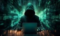 Virtual threat Hacker at laptop, binary code, symbolizing cyber attack
