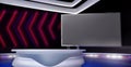 Virtual TV show background with a desk and a empty monitor screen. 3D graphics render template backdrop, ideal for sports news,