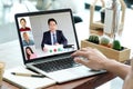 Virtual video conference, Work from home, Brainstorm planing teamwork, Asian business team making video call by web, Group of asia Royalty Free Stock Photo