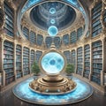 virtual view of golden-blue Akashi library extraterrestrial magical space. knowledge mystery concept. Ai generated