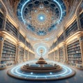 virtual view of golden-blue Akashi library extraterrestrial magical space. knowledge mystery concept. Ai generated