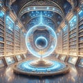 virtual view of golden-blue Akashi library extraterrestrial magical space. knowledge mystery concept. Ai generated